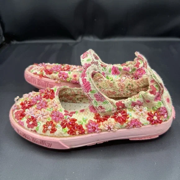 Lelli Kelly Shoes Canva Mary Jane Girl Size US 12 Pink Floral Beaded Walk Summer - Picture 3 of 6